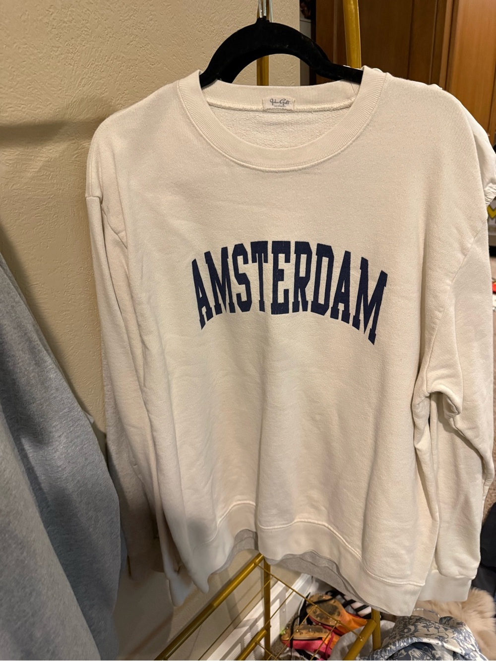 Brandy Melville Cream Crewneck Sweatshirt with Navy "AMSTERDAM" Print